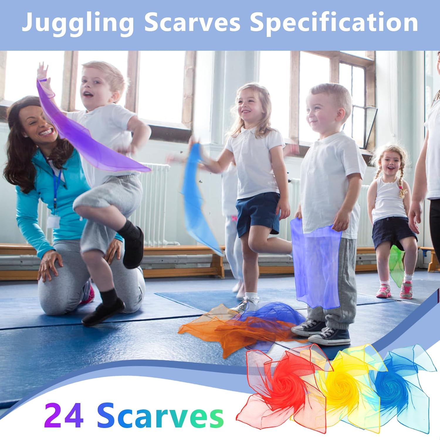 Bufandas de malabares para niños, 24 piezas de bufandas de baile para clases de música, bufandas de ritmo, seda de juego para movimiento de niños (8