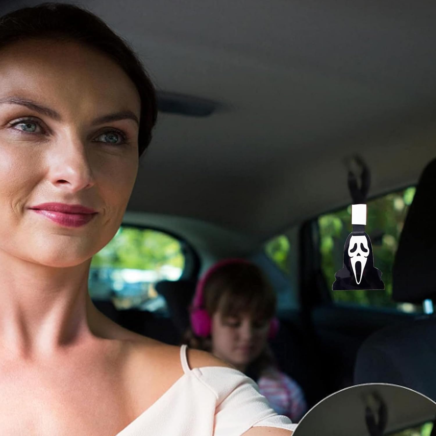 Correas de mango de coche con forma de cara de fantasma de grito de Halloween, dije de deriva para parachoques trasero, anillo de advertencia,