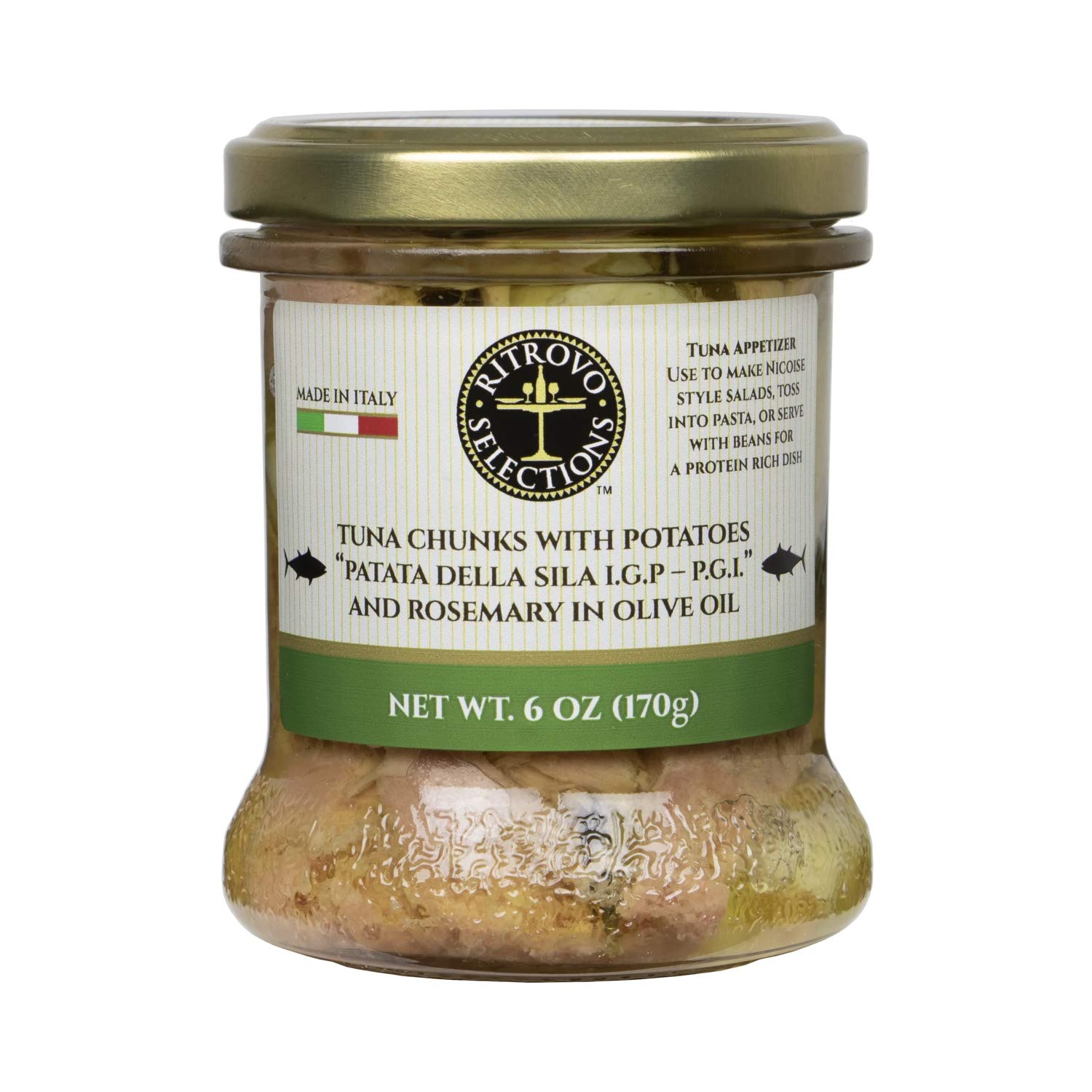 Ritrovo Selections Atún aleta amarilla en aceite de oliva con papas IGP y romero, tarro de vidrio de 6 onzas