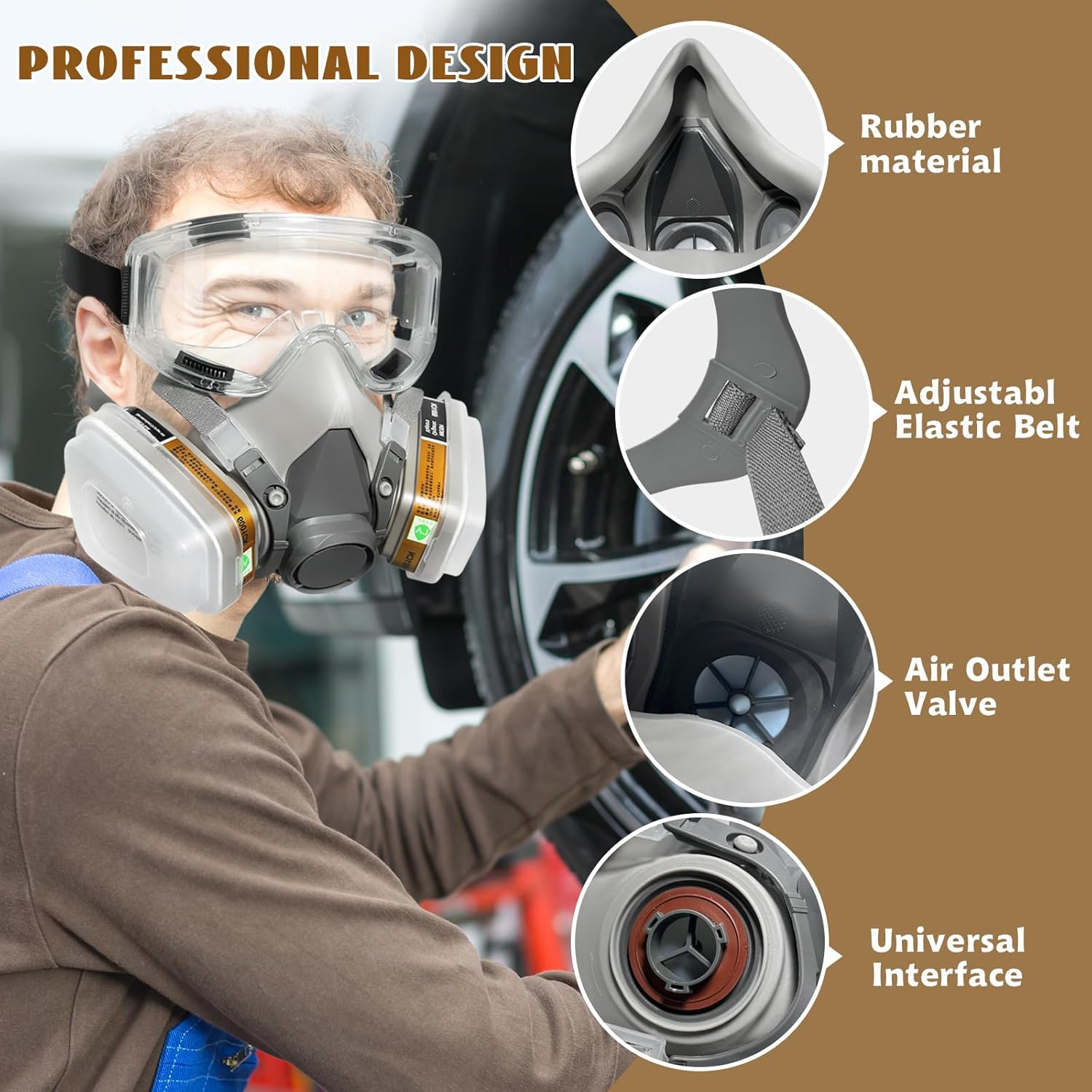 Máscara de gas respirador con filtros, cubierta de media cara de carbono activo con gafas de seguridad, máscara de seguridad para lijado de moldes