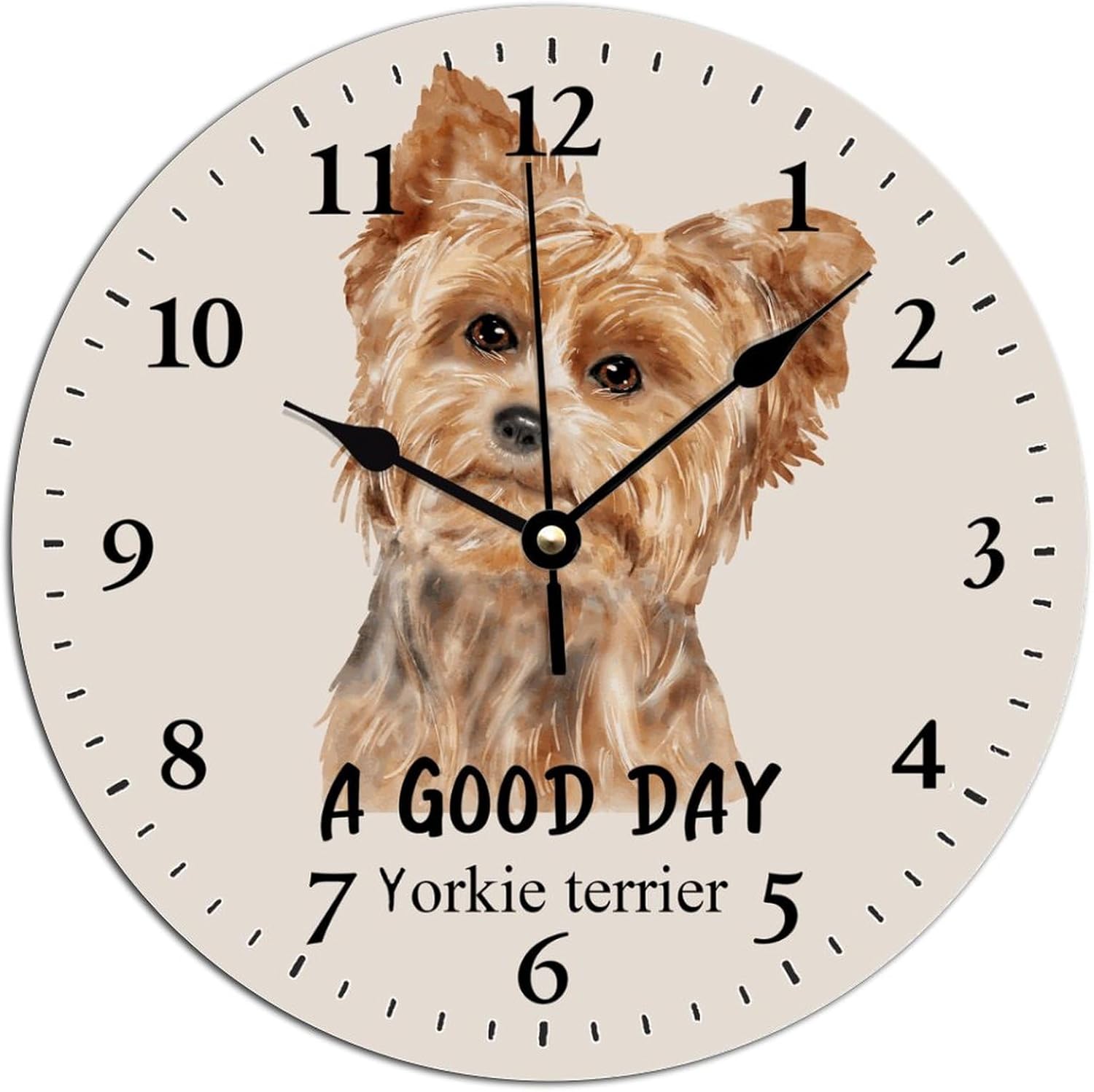 ArogGeld Reloj de pared con texto en inglés “A Good Day” Yorkie Terrier – Reloj de pared colgante para perro Yorkie Terrier, silencioso, sin tictac,