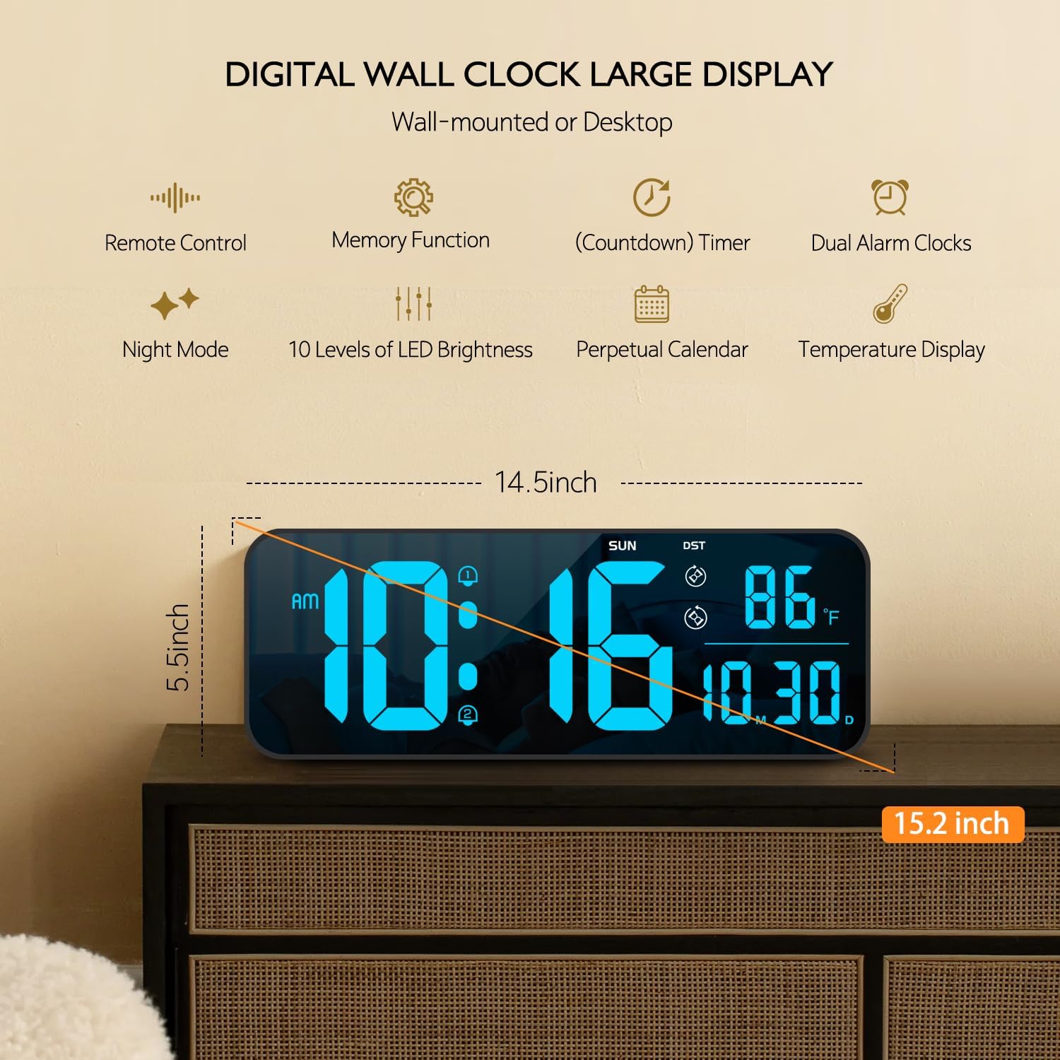 Reloj de pared digital, pantalla LED grande de 15.2 pulgadas con control remoto, 2 despertadores, DST, atenuación automática, 1224 horas,