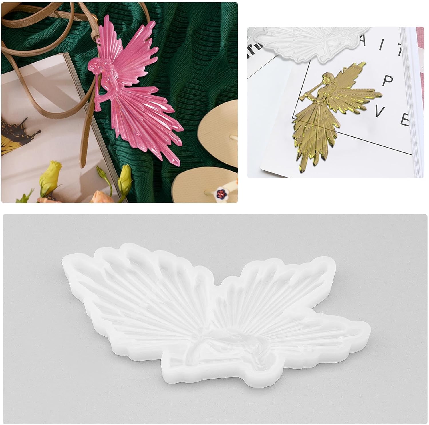 eMagTech Molde de resina de hada de ángel, molde de silicona para llavero, colgante, aretes, pastel, fondant, decoración, joyería, manualidades, 2