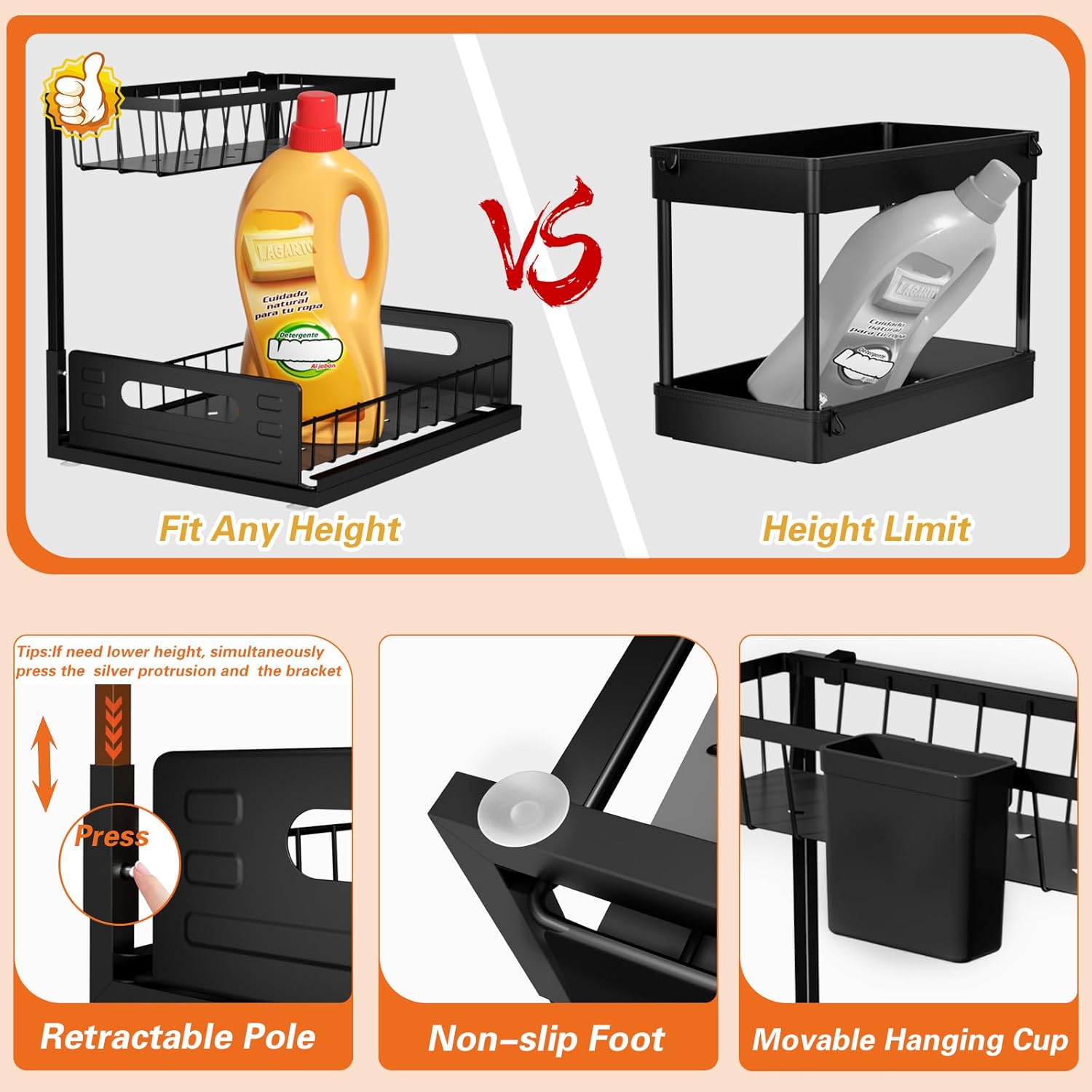 SPACEKEEPER Organizador para debajo del fregadero, 2 niveles deslizantes debajo del fregadero del baño, organizador de gabinete extraíble de
