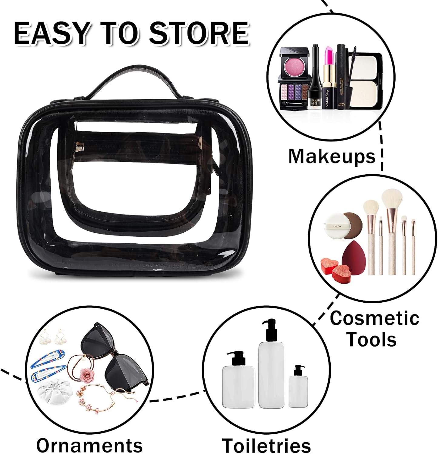 Iqimott Neceser de viaje Bolsa de maquillaje transparente, bolsa de cosméticos con cremallera aprobada por la TSA, Negro -, Moda