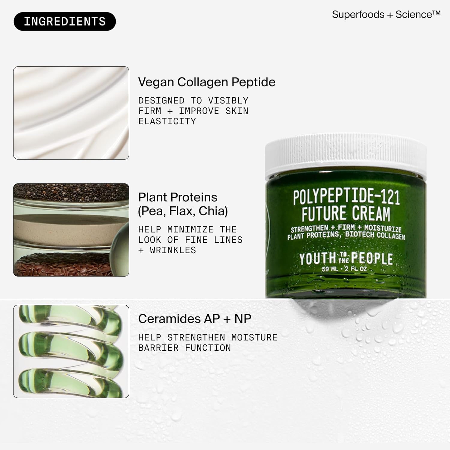 Youth To The People Crema polipeptídica 121, crema hidratante y reafirmante y crema de colágeno para piel seca, cuidado de la piel rico en ceramidas