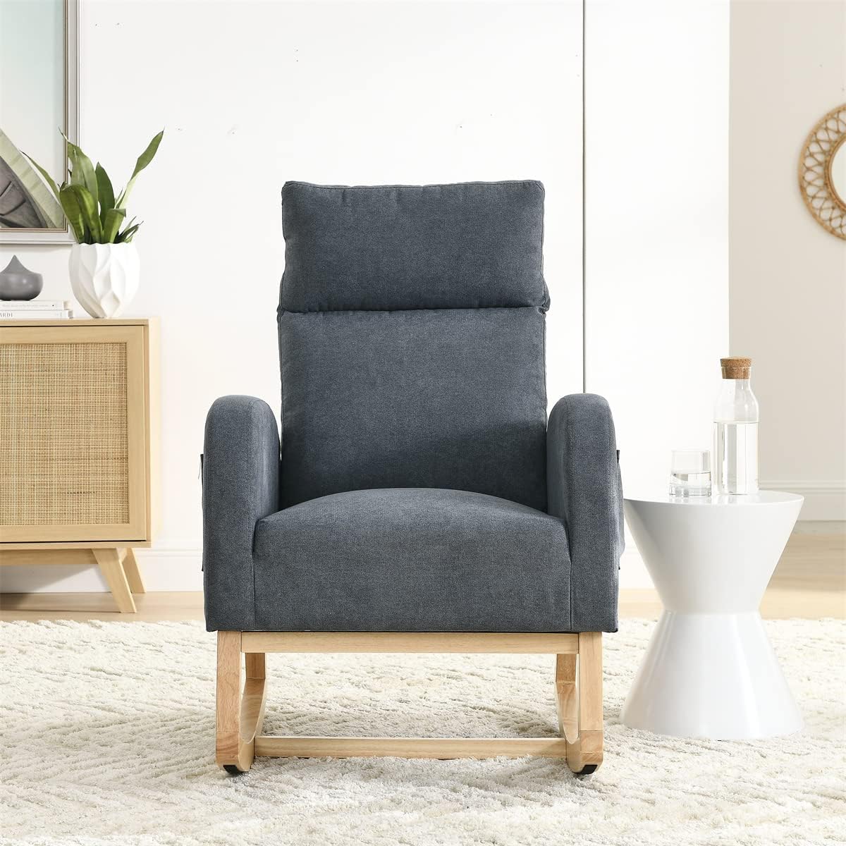 Mecedora de tela, silla de guardería, moderna silla mecedora tapizada con respaldo alto, cómoda mecedora con asiento acolchado y base de madera,