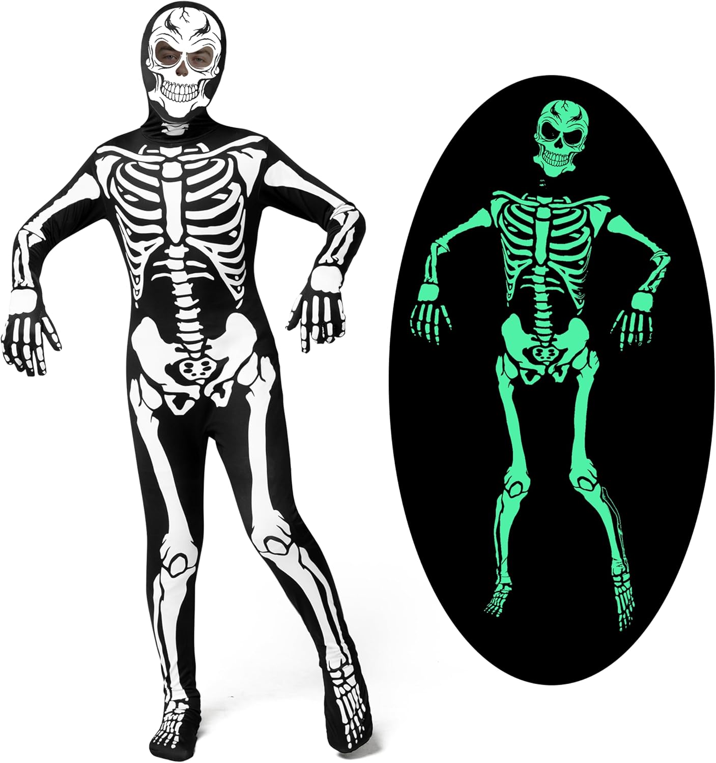 Spooktacular Creations Disfraz de esqueleto para niños, body con capucha de esqueleto negro que brilla en la oscuridad para niños y niñas
