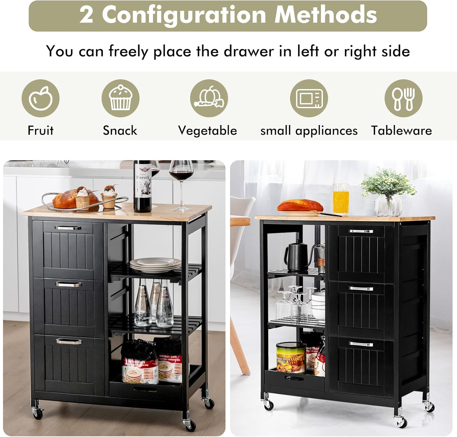 PETSITE Carrito de isla de cocina con almacenamiento y ruedas, mesa de isla pequeña con cajones y estantes para el hogar, color negro