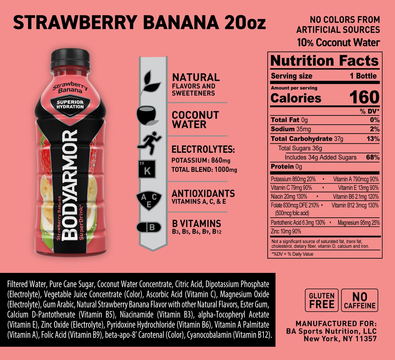 BODYARMOR – Bebida deportiva, fresa y plátano, sabores naturales con vitaminas, electrolitos ricos en potasio, perfecta para deportistas, 20 onzas