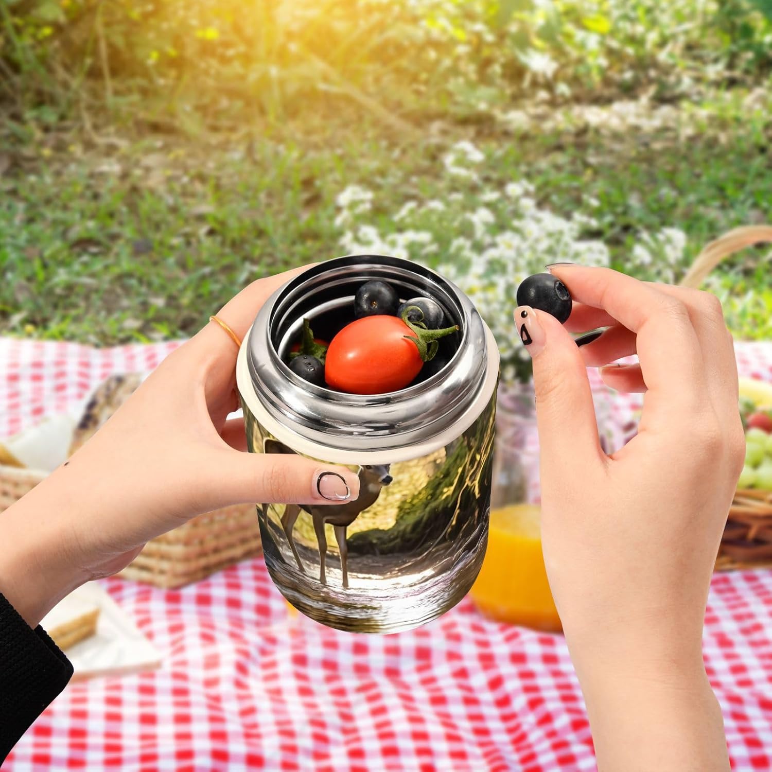 Forest Jungle Green Deer – Tarro de comida aislado para niños y mujeres, con cuchara, de acero inoxidable, termo de 17 onzas líquidas, contenedor de