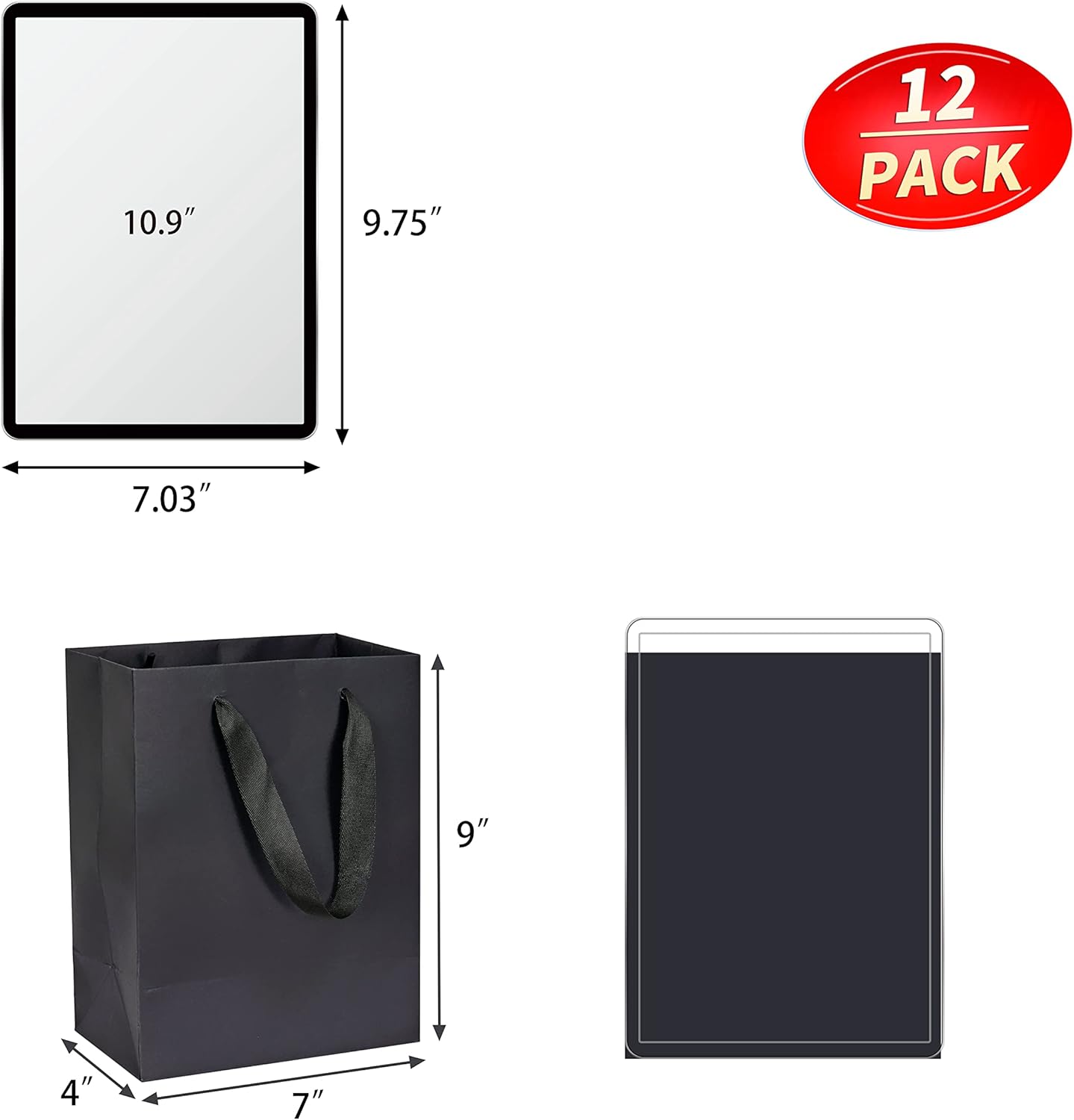 HUAPRINT Bolsa de regalo negra, paquete de 12 bolsas de compras negras con asas de cinta, 7 x 4 x 9 pulgadas, bolsas de regalo para manualidades,