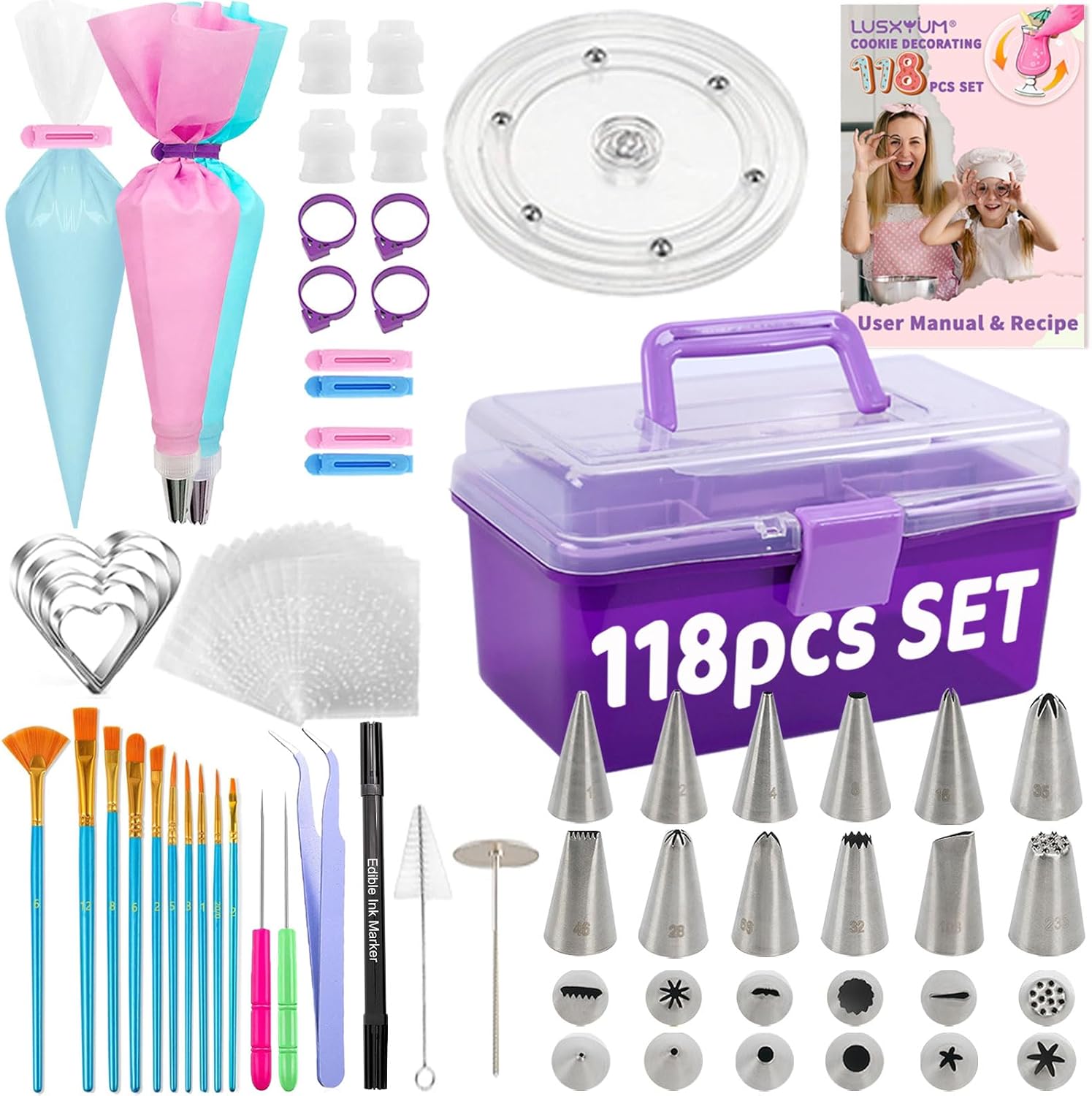Kit de suministros de decoración de galletas, 118 piezas con estuche de almacenamiento, bolsas de tuberías de azúcar real y juego de glaseado,