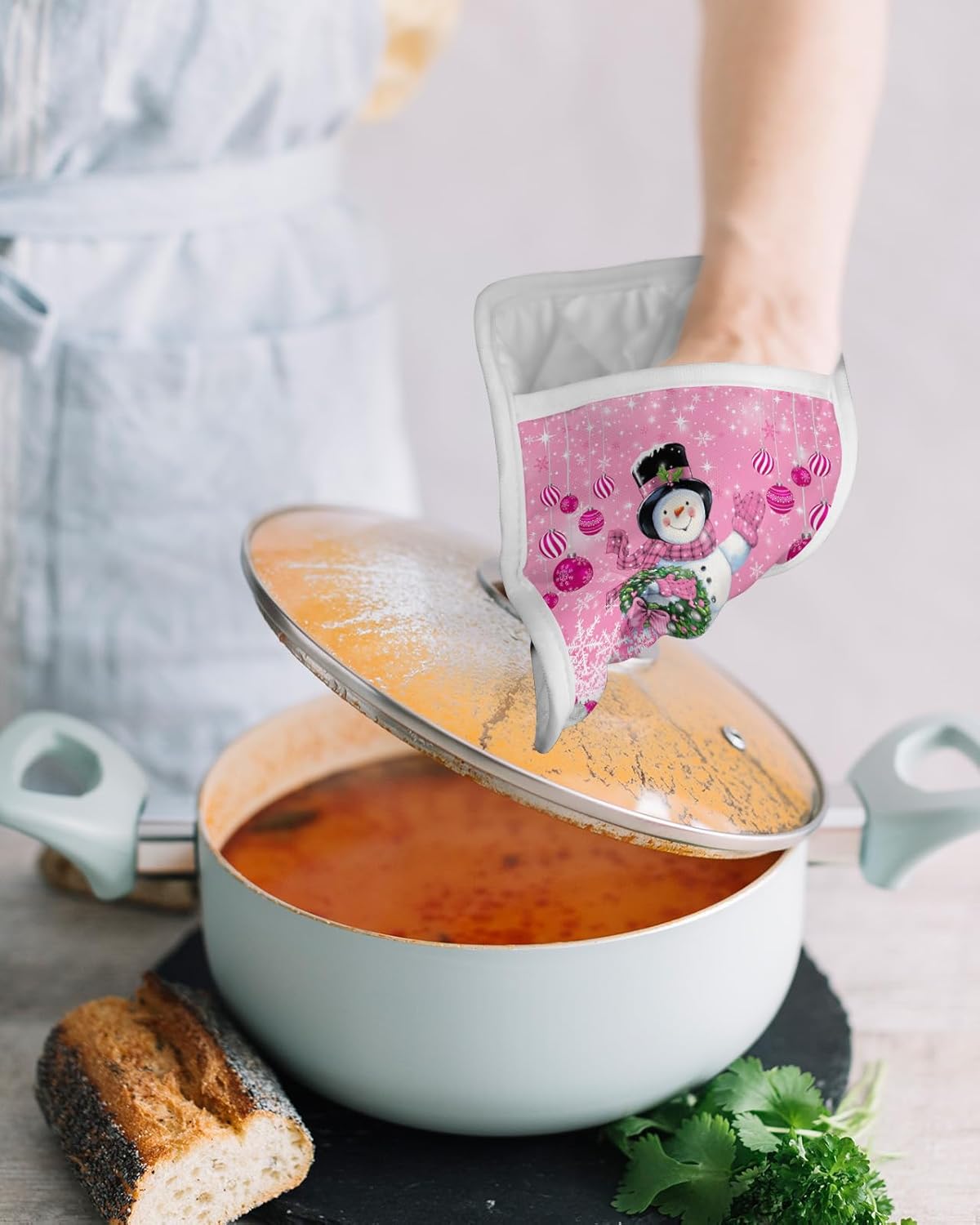Snowman Pink 3Pcs Pot Holders for Kitchen, Non Slip & Heat Insulation Terry Cloth Potholder Set with Pocket, Thick Hot Pad Oven Mitts Trivet Coaster
