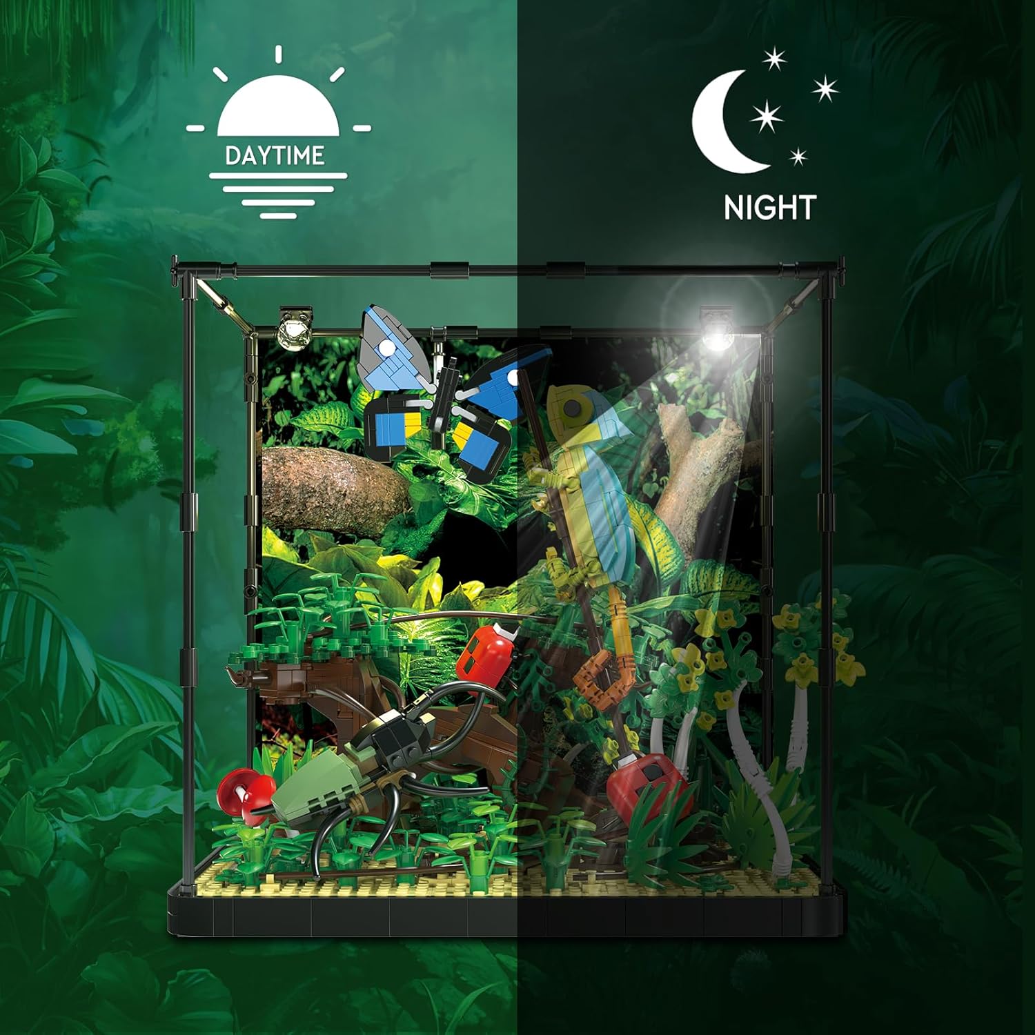 ZYLEGEN Rainforest Jungle – Bloque de construcción de tanque de insectos con lagarto, mariposa, mariquita, plantas de jardín forestal, ladrillos,