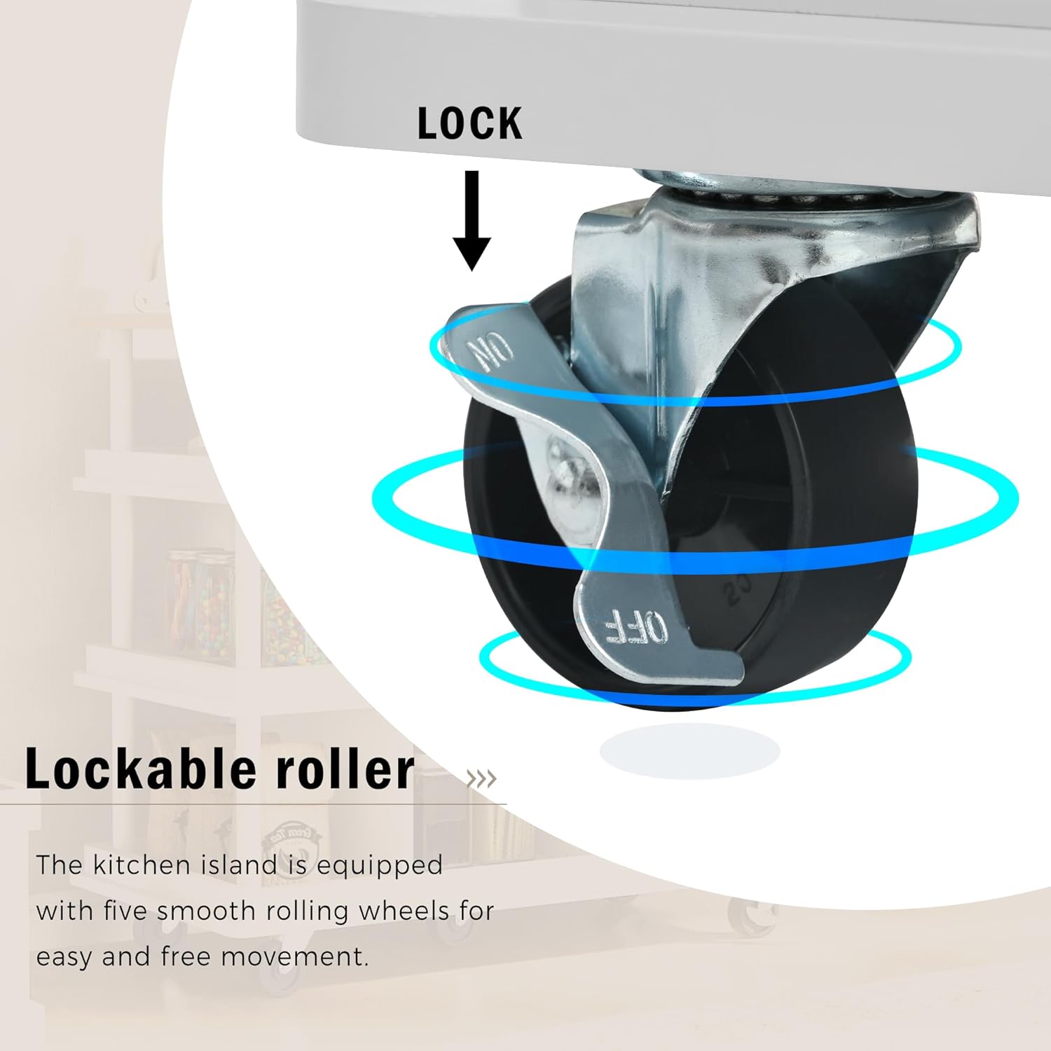 Carrito de cocina multiusos con gabinete de almacenamiento, cajón, estante ajustable y gancho lateral, isla de cocina rodante sobre 5 ruedas con