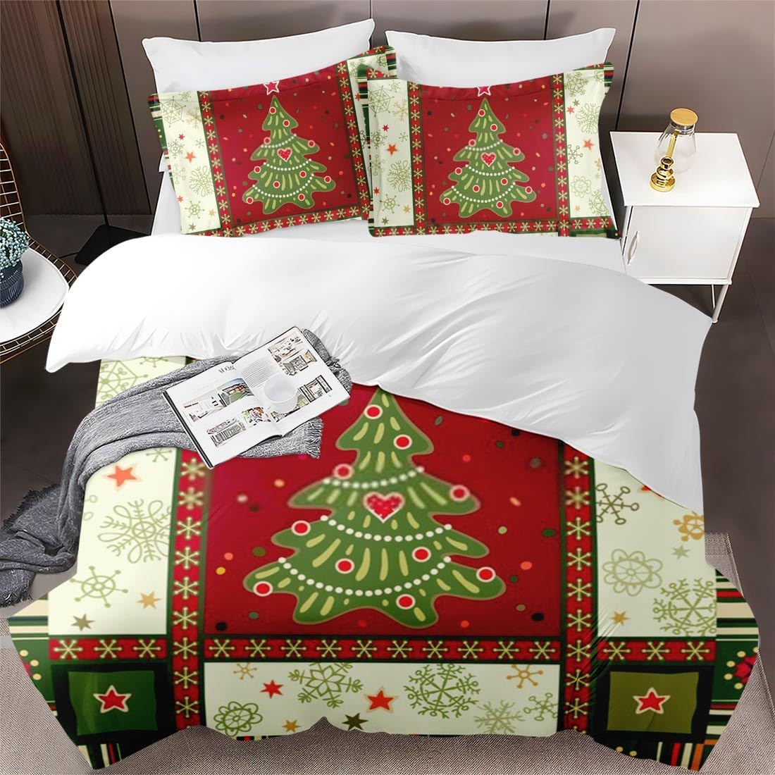 Juego de funda de edredón, copos de nieve de árbol de Navidad, juego de ropa de cama de Navidad para niños y adultos, decoración de dormitorio,