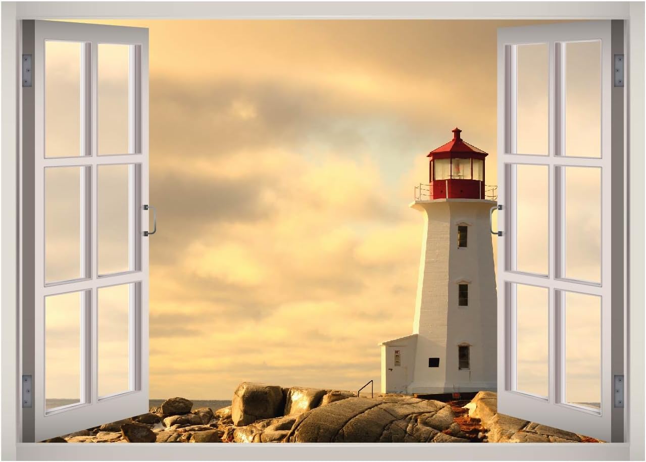 Calcomanía de pared 3D con ventana de faro extraíble, vinilo para decoración del hogar, West Mountain W33 (mediano (32 pulgadas de ancho x 23