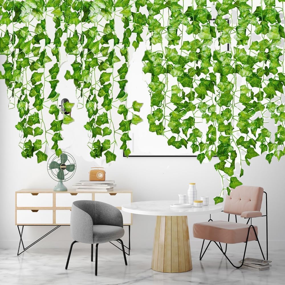 Paquete de 12 hojas de hiedra falsas de 84 pies, enredaderas, guirnalda artificial, plantas colgantes para decoración de dormitorio, estética,