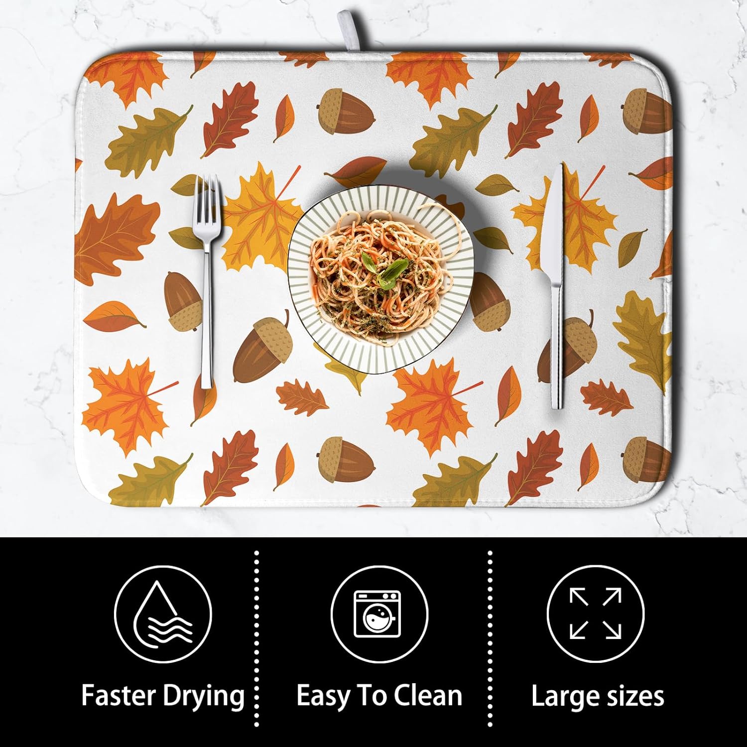Kwlegh Tapete de secado de platos de hojas de otoño para encimera de cocina, tapete de secado de platos naranja de Acción de Gracias, tapete