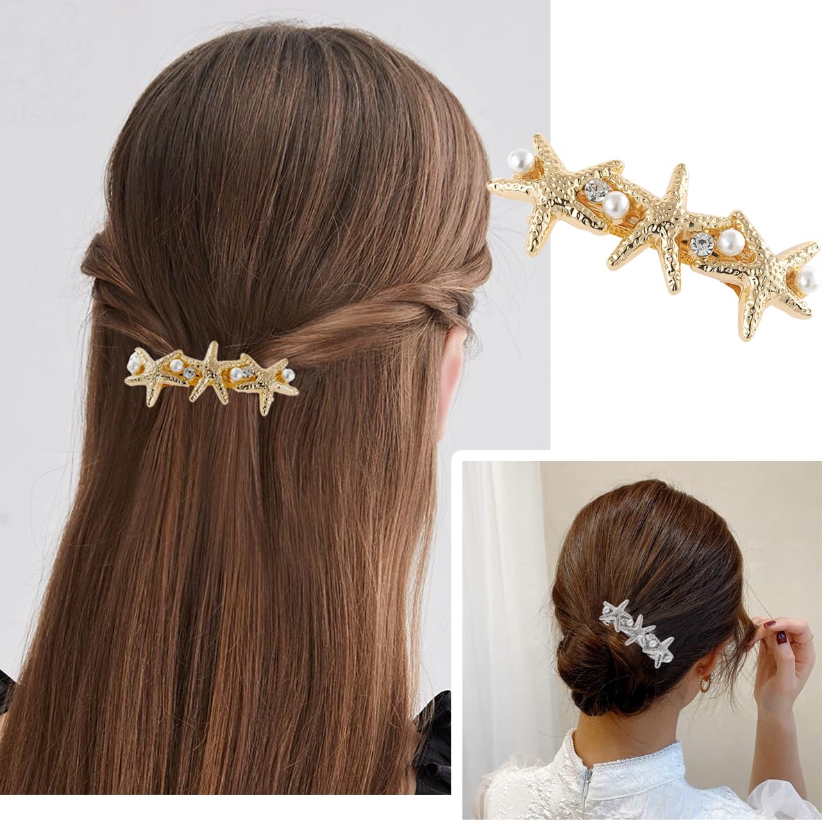 4 pasadores de pelo de estrella de mar para mujeres y niñas, pinzas para el cabello con perlas de resorte, accesorios para mujer, soportes de cola