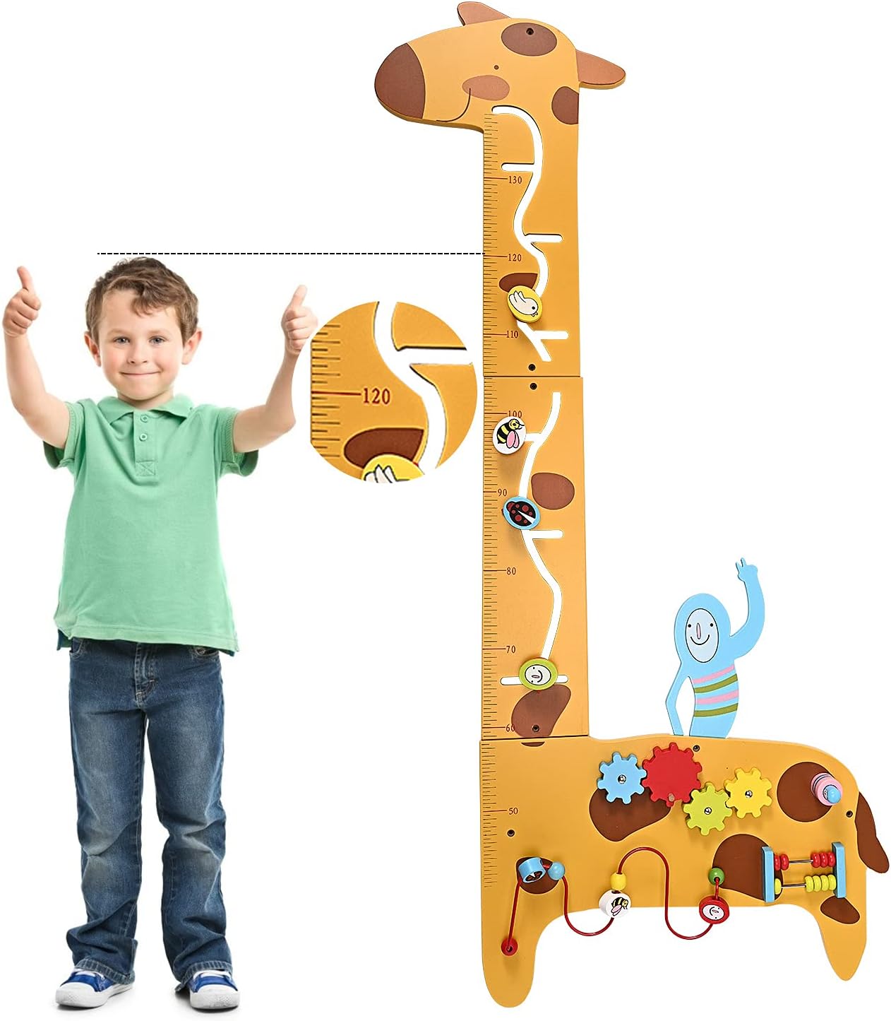 Activity Wall Panel Busy Board 7 in 1 Multifunctional Giraffe Wooden Height Ruler, Childrens Early Education Hand-Eye Eombination Sensory Exercises