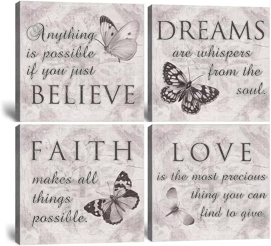 HDQ Art Lienzo inspirador familiar de mariposas en blanco y negro con citas de amor, sueño, fe, creer, baño, oficina, decoración de pared, pósteres