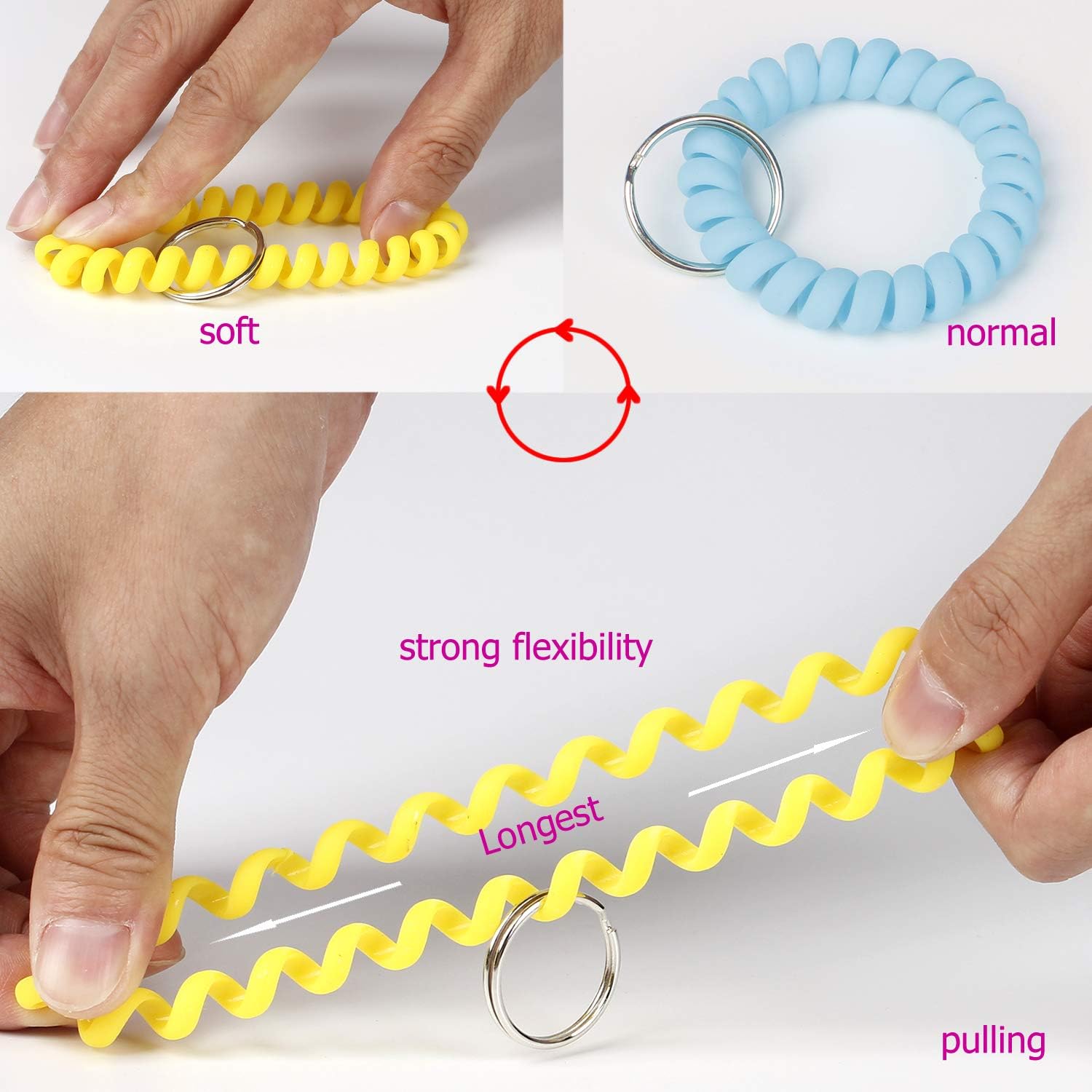BIHRTC Llavero de muñeca de 6 colores con resorte de plástico flexible en espiral, pulsera elástica con espiral, llavero para gimnasio, piscina,