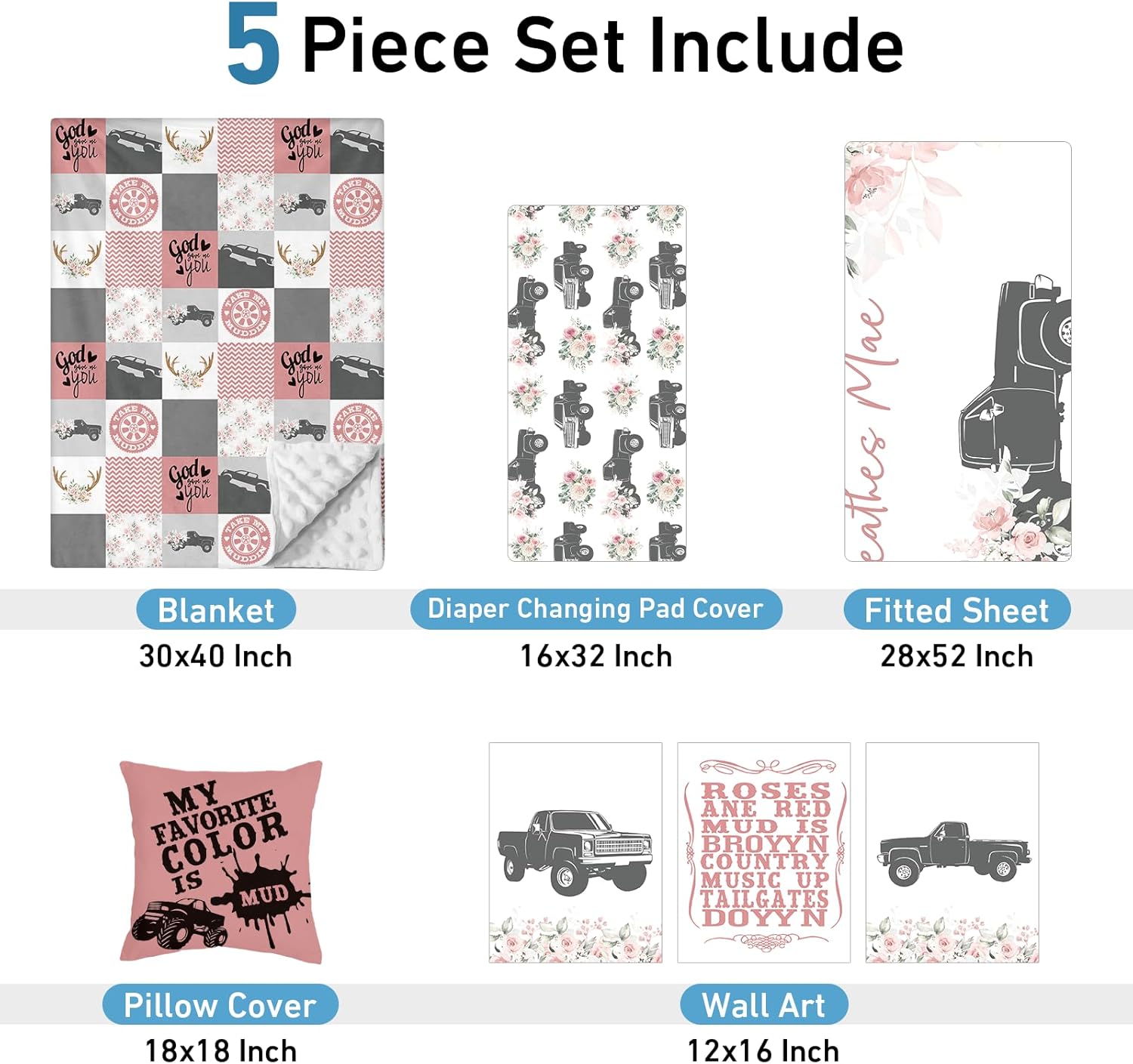 Juego de ropa de cama personalizado para cuna, juego de 5 piezas para cuna, manta con nombre personalizado con respaldo punteado para bebés y niñas,