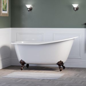 Zapatilla de hierro fundido de 61 pulgadas con patas de bronce frotado con aceite, sin agujeros para grifo y patas de bronce aceitadas, “Chariton” Zapatilla de hierro fundido de 61 pulgadas con patas de bronce frotado con aceite, sin agujeros para grifo y patas de bronce aceitadas, “Chariton”