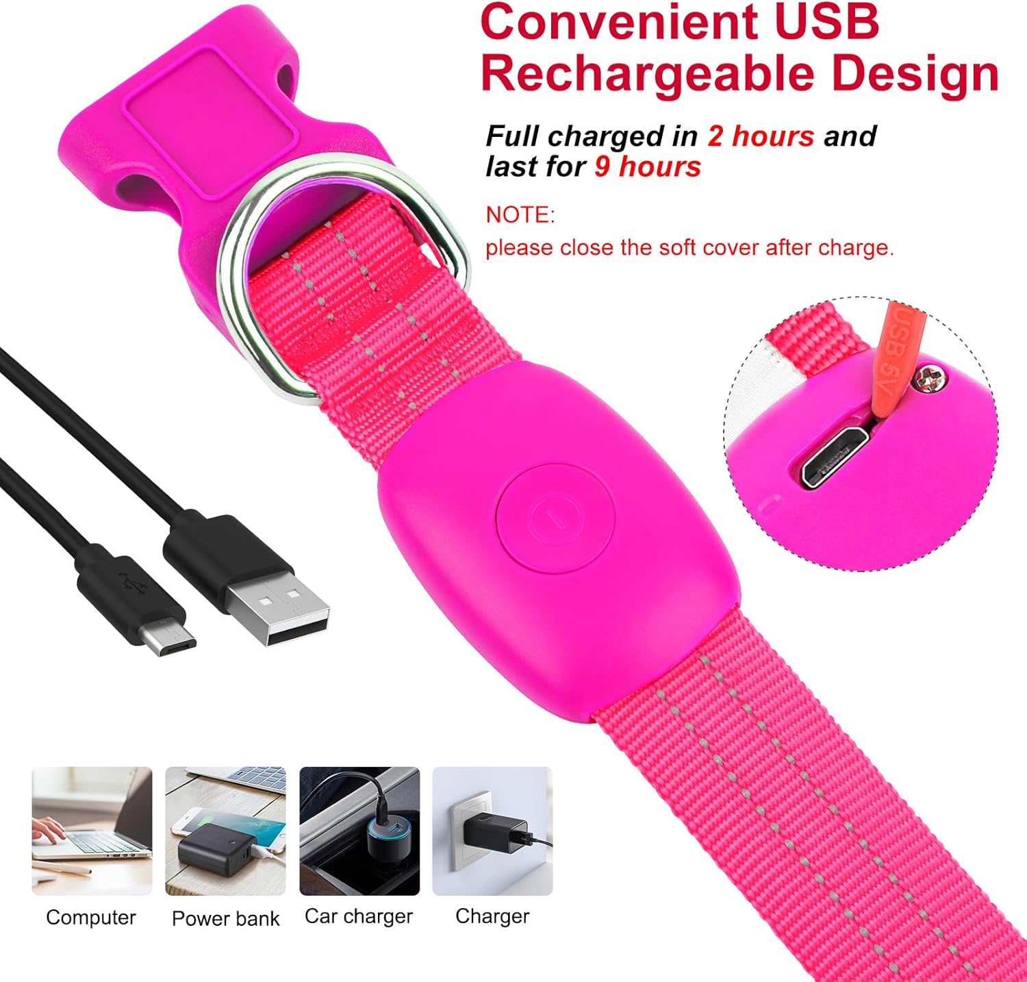 Visinite Collar de perro LED recargable por USB, collares de perro con luz totalmente ajustable para perros pequeños, medianos y grandes, 3 modos