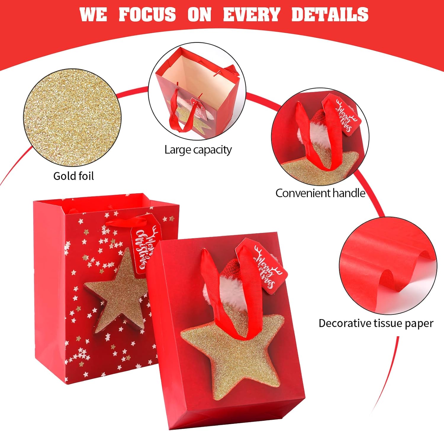 Paquete de 4 bolsas de regalo de tamaño grande de 13 pulgadas, bolsas de regalo con patrón de Navidad surtido con papel de seda para decoración de