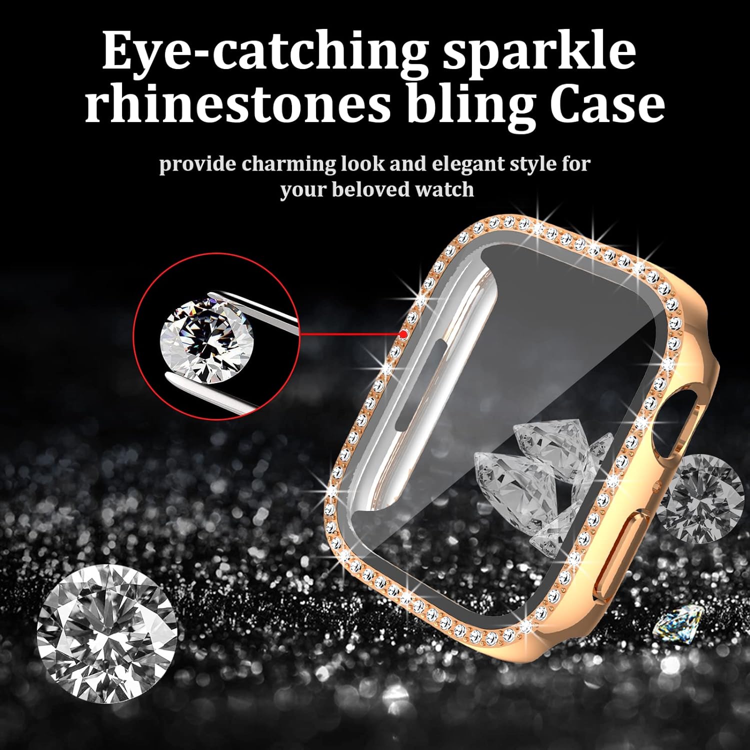 Haojavo Paquete de 5 fundas brillantes para Apple Watch Series 9, 8, 7, 1.77 pulgadas con protector de pantalla de vidrio templado, diamantes de
