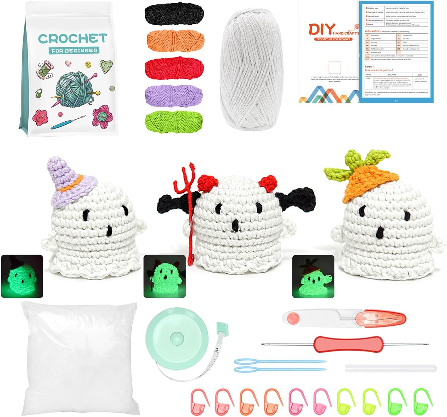 A AIFAMY Kit de ganchillo para principiantes y adultos, kit de inicio de ganchillo fantasma espeluznante 3P con hilo que brilla en la oscuridad para