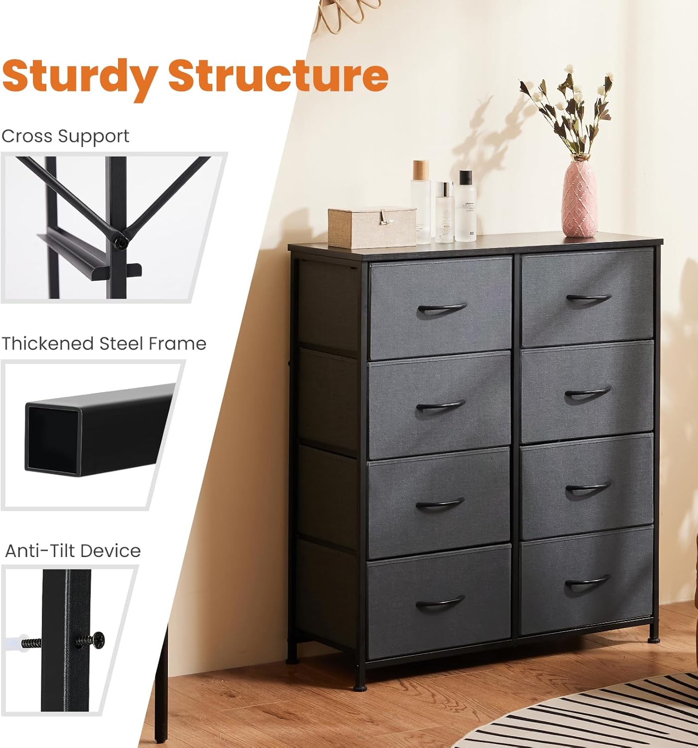 Sweetcrispy Cómoda de 8 cajones para dormitorio, muebles de habitación de niños, torre de pecho alto, unidades organizadoras de almacenamiento para