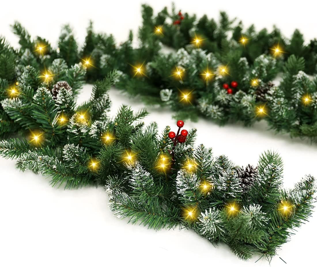 Guirnalda de Navidad artificial preiluminada de 9 pies, decoración de Navidad para interiores y exteriores, guirnalda con temporizador que funciona