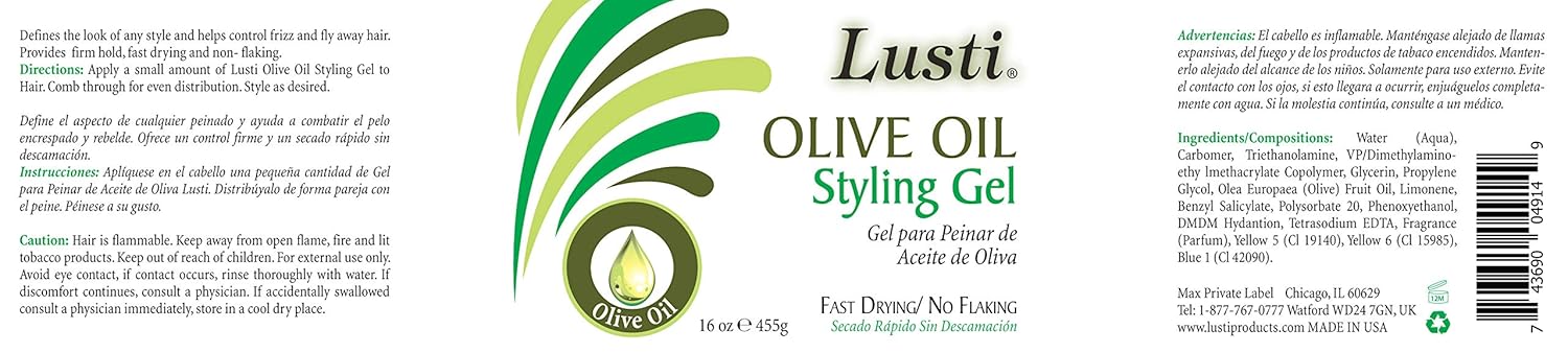 Gel de peinado de aceite de oliva, 16 onzas líquidas, secado rápido, sin descamación, controla el encrespamiento y el cabello que se vuela