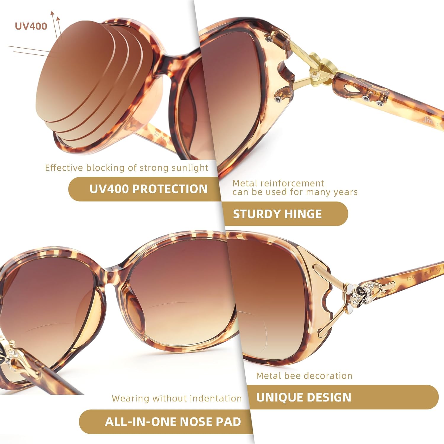 JM Lentes de sol bifocales de lectura para mujer, de gran tamaño, para lectura al aire libre, protección UV400