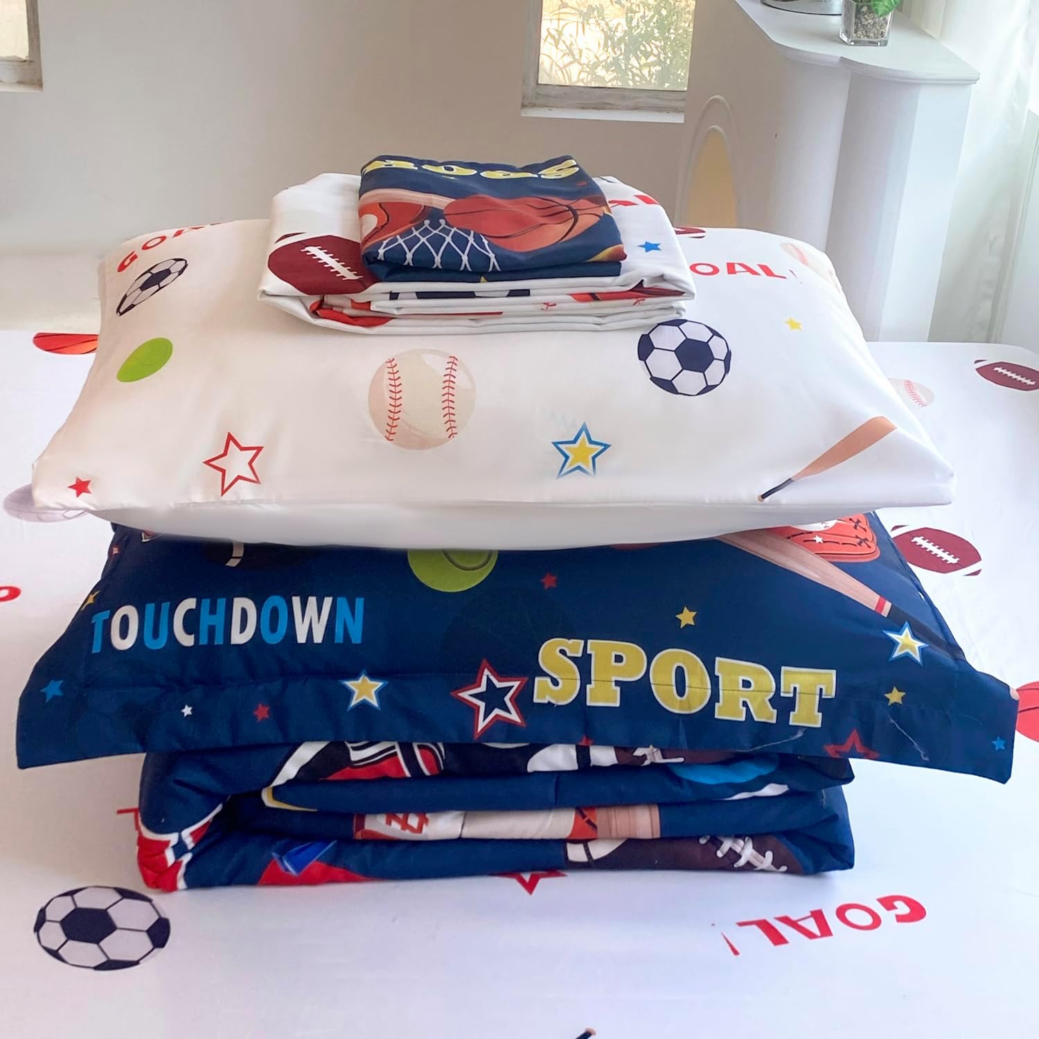 Jameswish Juego de edredón deportivo para niños, tamaño matrimonial, 7 piezas, juego de ropa de cama de baloncesto, fútbol, béisbol, para niños,