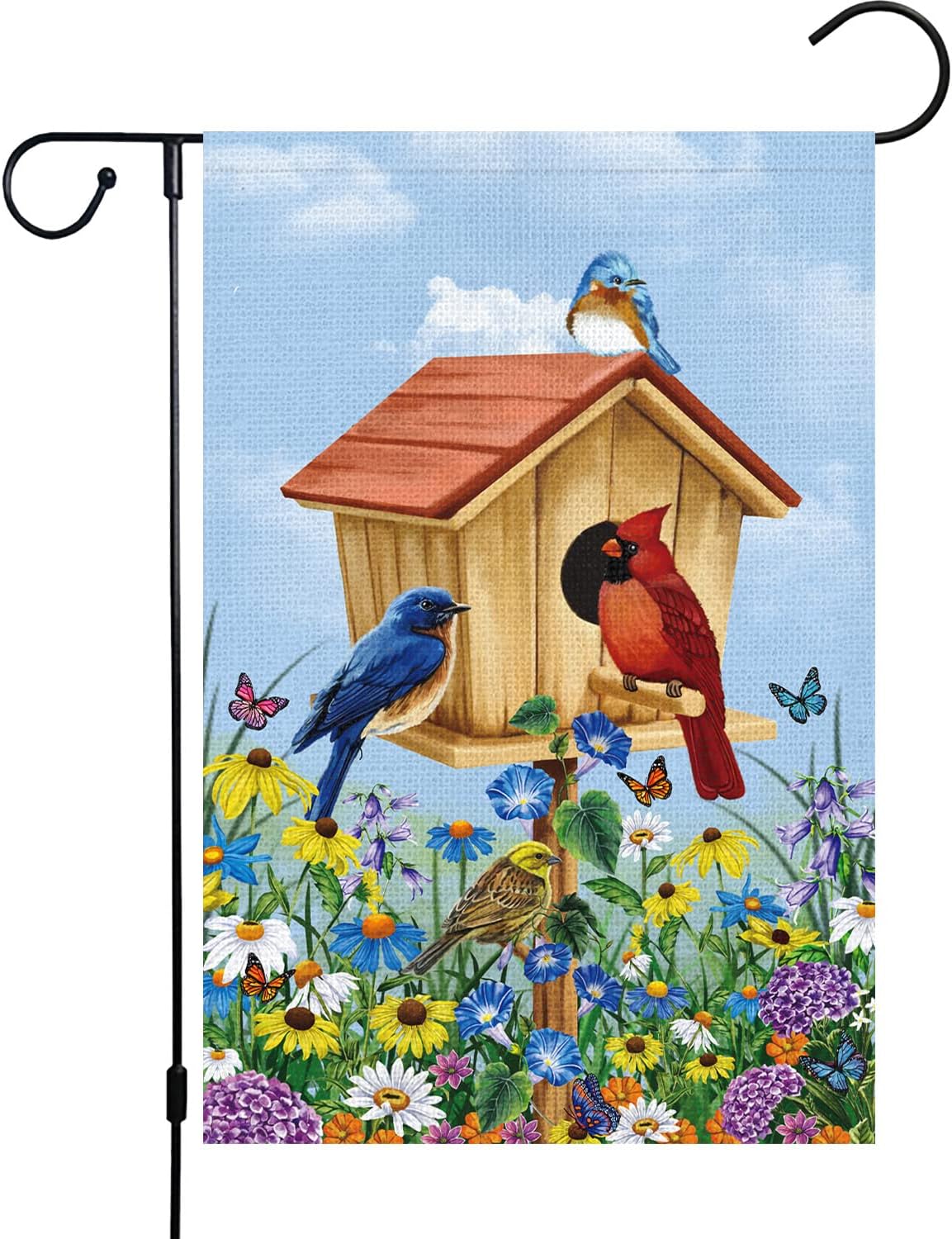 Louise Maelys Bandera de bienvenida para jardín de pájaros de primavera de 12 x 18 pulgadas, vertical de doble cara, de arpillera, pequeño, floral,