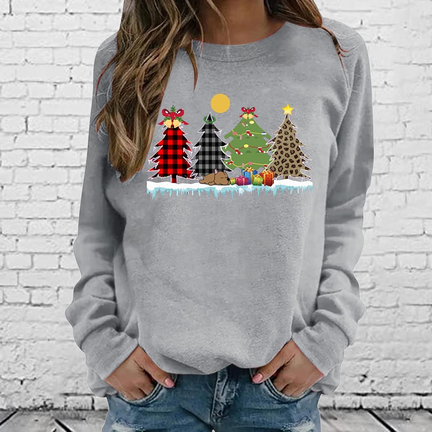 SNKSDGM Sudadera de manga larga con estampado navideño para mujer, cuello redondo, novedad