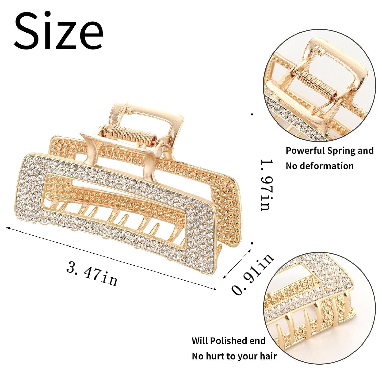 WORTL Pinzas grandes de metal cuadradas de 3.5 pulgadas, paquete de 4 abrazaderas de pelo con diamantes de imitación para mujeres y más delgadas,