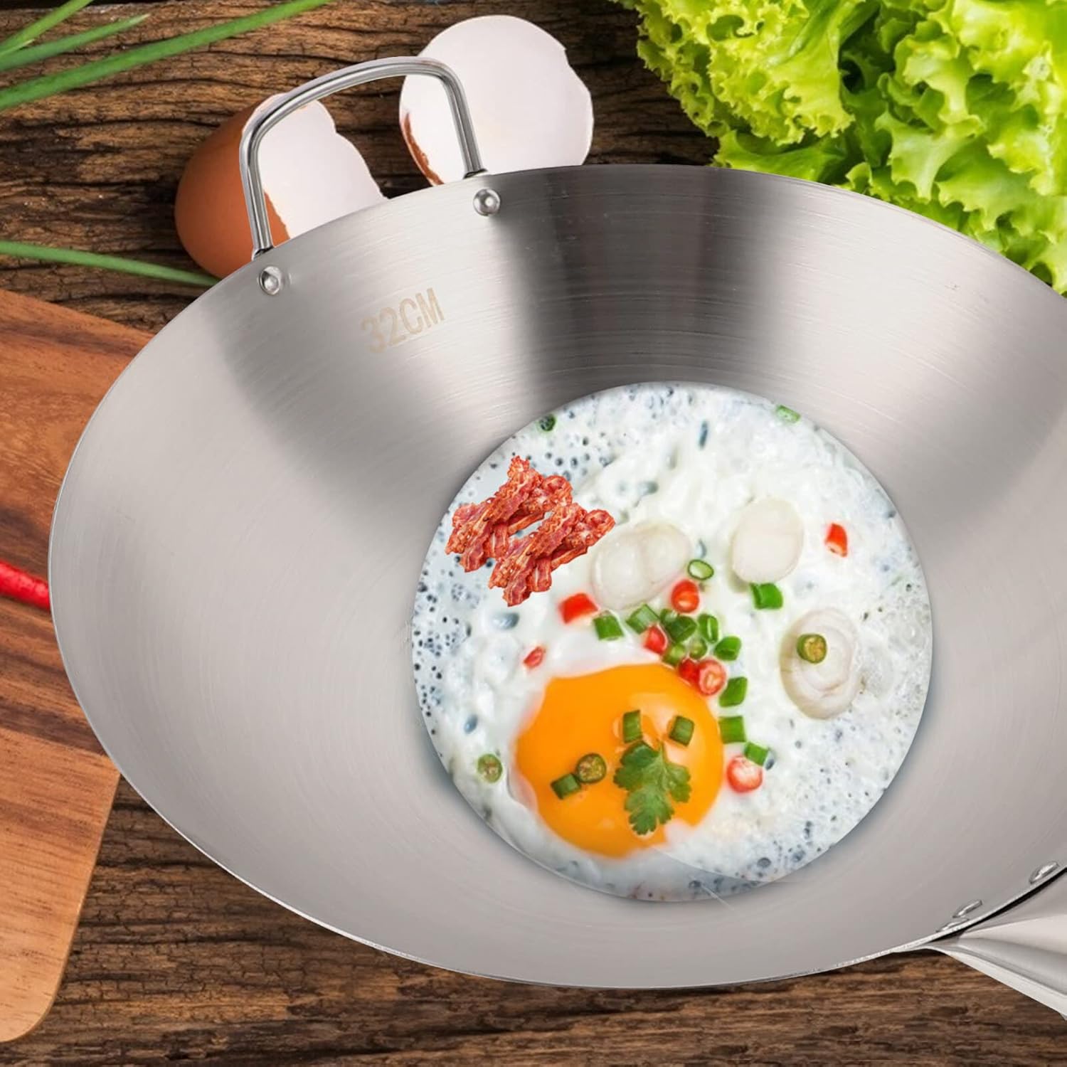 Kichvoe Sartén wok de acero al carbono de fondo redondo, Pow Wok de acero al carbono, wok y sartenes para cocinar en el hogar y profesional-12.5