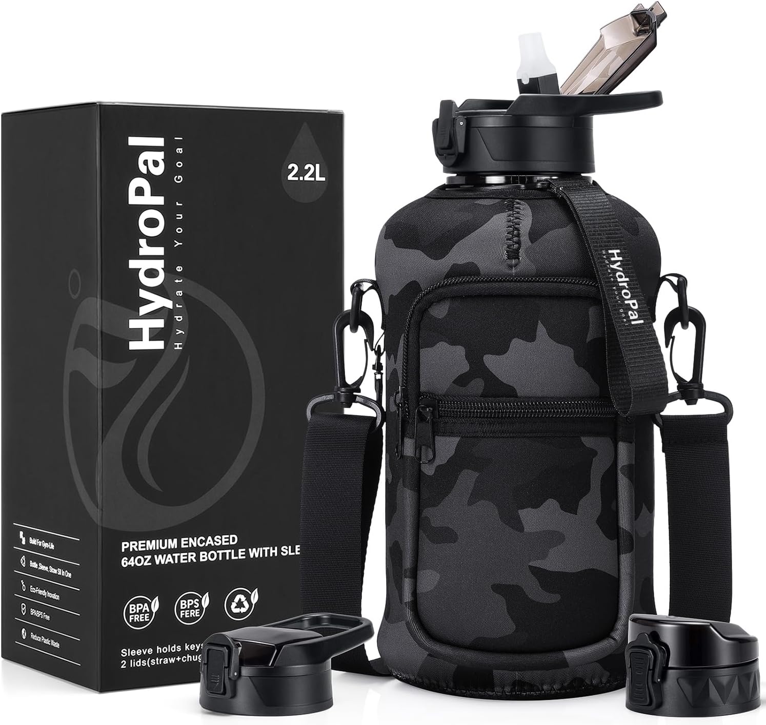 Botella de agua de medio galón con funda de almacenamiento, 2.2L74 onzas, sin BPA, material de polipropileno, correa ajustable, 2 tapas incluidas