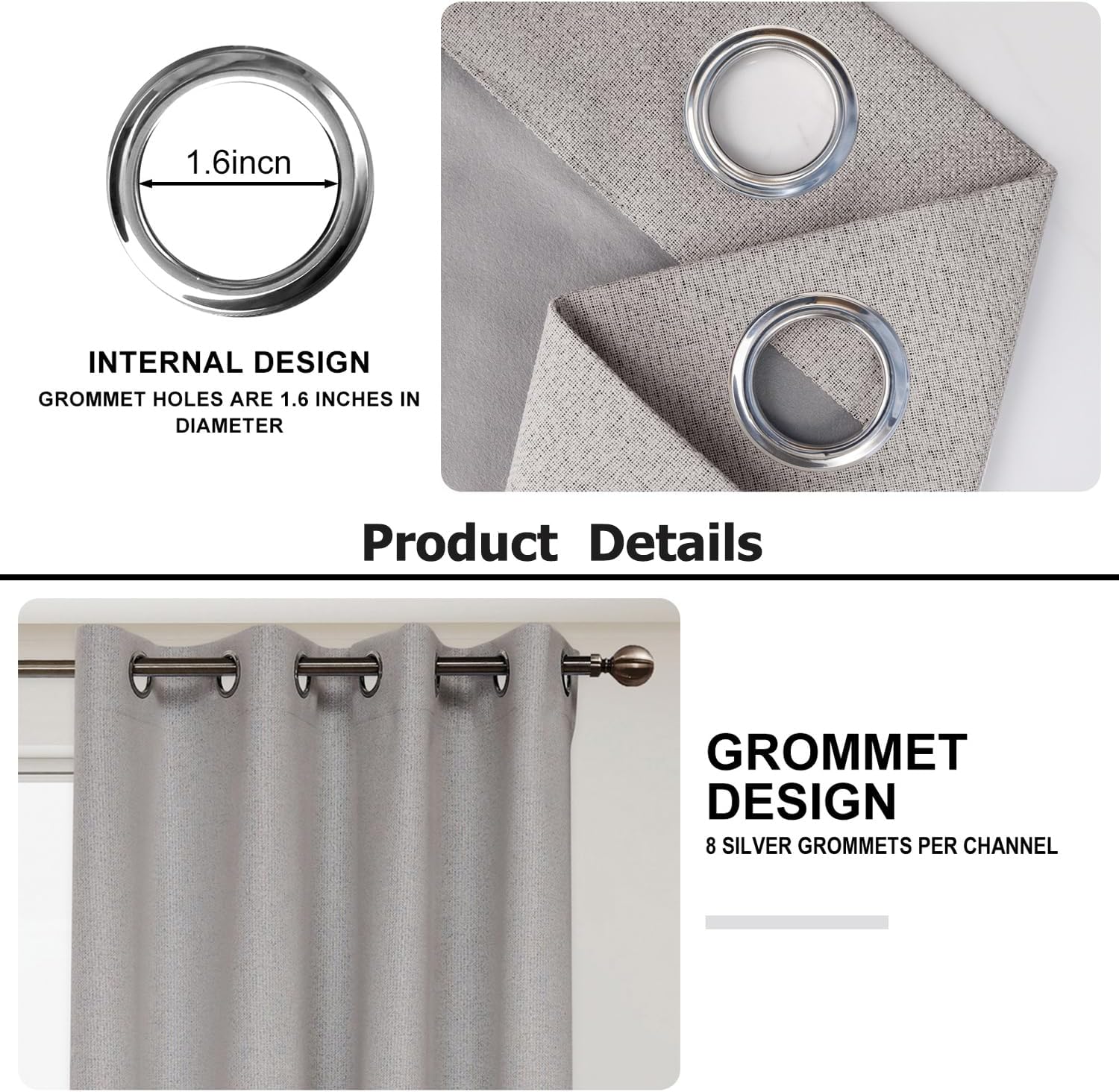 IOFRYION Cortinas texturizadas de lino 100% opacas, cortinas de ventana insonorizadas con forro gris de 3 capas, cortinas con ojales antioxidantes