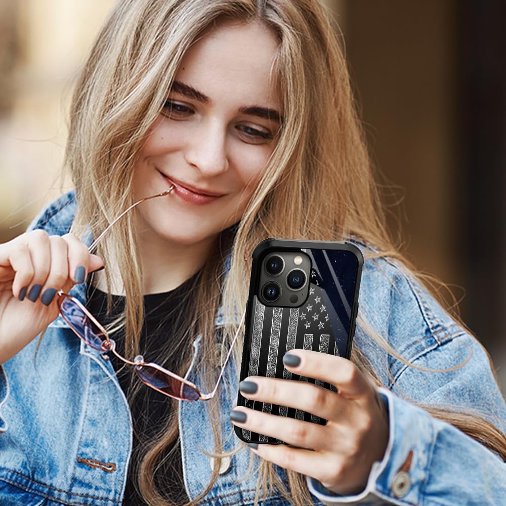Funda compatible con iPhone 15, funda de bandera estadounidense gris oscuro para iPhone 15 para hombres y niños, diseño de vidrio orgánico, a prueba