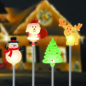 Glintoper Paquete de 4 luces solares de Navidad para exteriores, Papá Noel, muñeco de nieve, árbol de Navidad y reno con estacas de jardín, Glintoper Paquete de 4 luces solares de Navidad para exteriores, Papá Noel, muñeco de nieve, árbol de Navidad y reno con estacas de jardín,