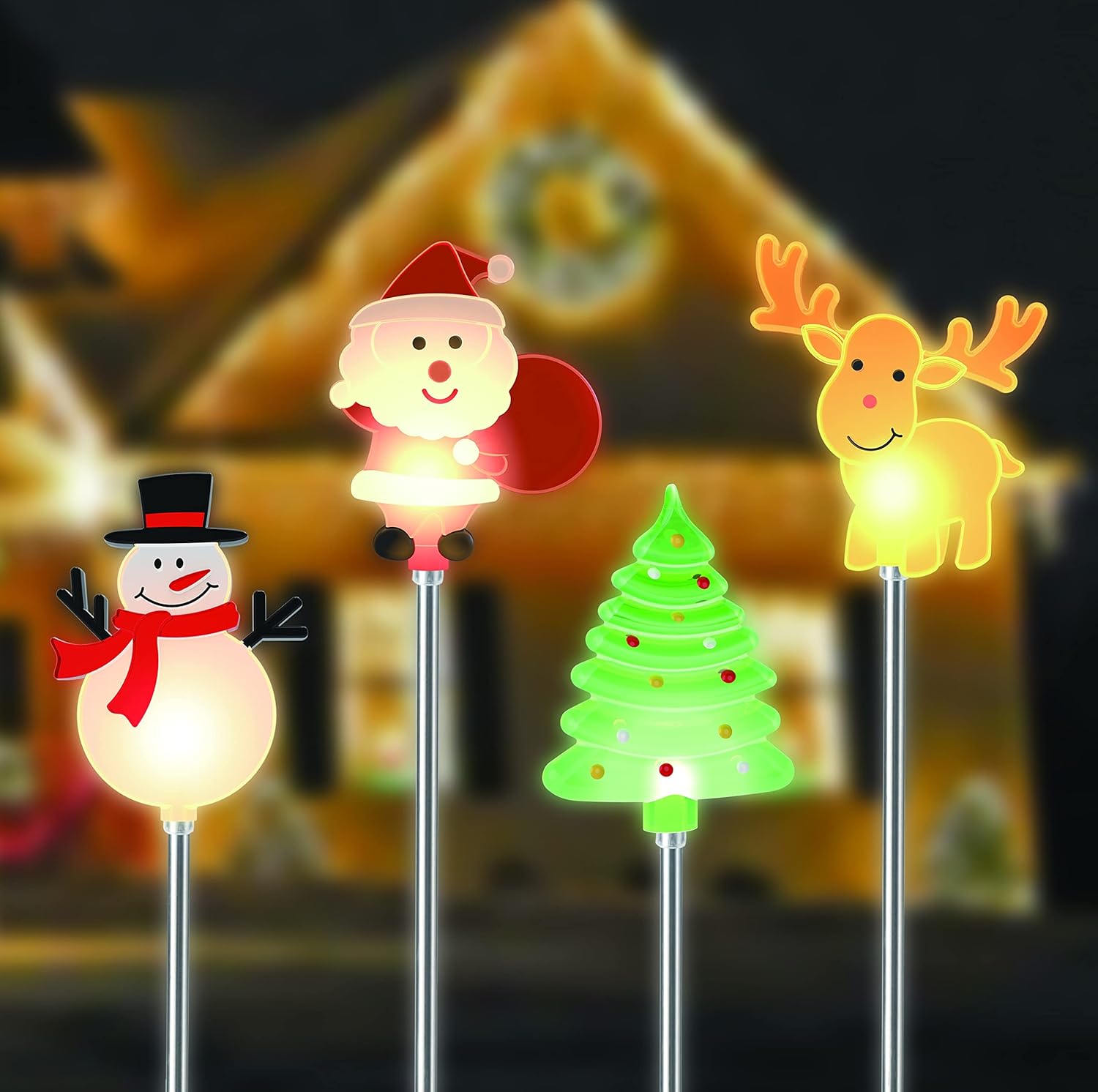 Glintoper Paquete de 4 luces solares de Navidad para exteriores, Papá Noel, muñeco de nieve, árbol de Navidad y reno con estacas de jardín,