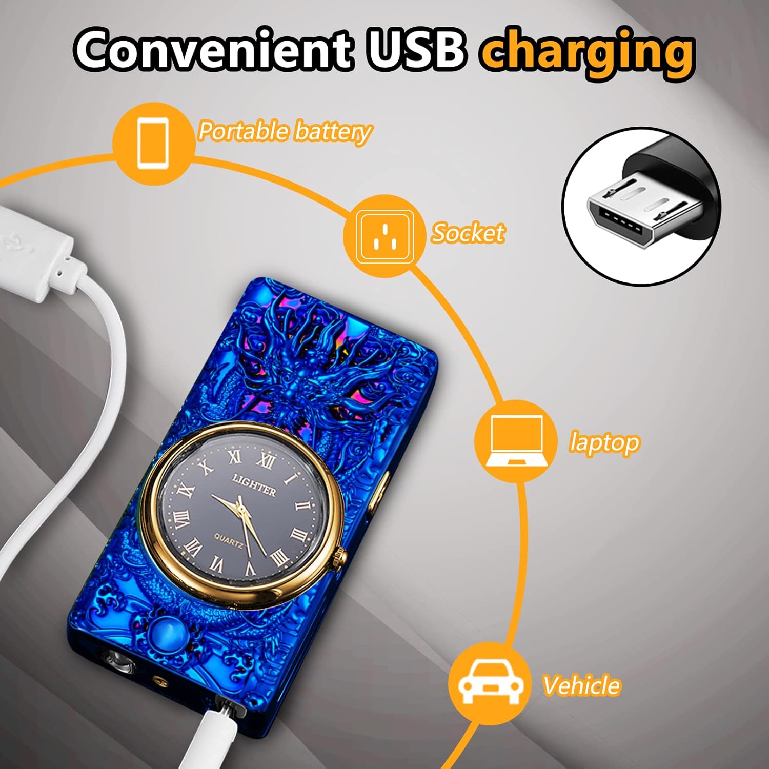 Faro de reloj, encendedor eléctrico, encendedor de plasma de doble arco, encendedor USB recargable con pantalla de batería, encendedor fresco con