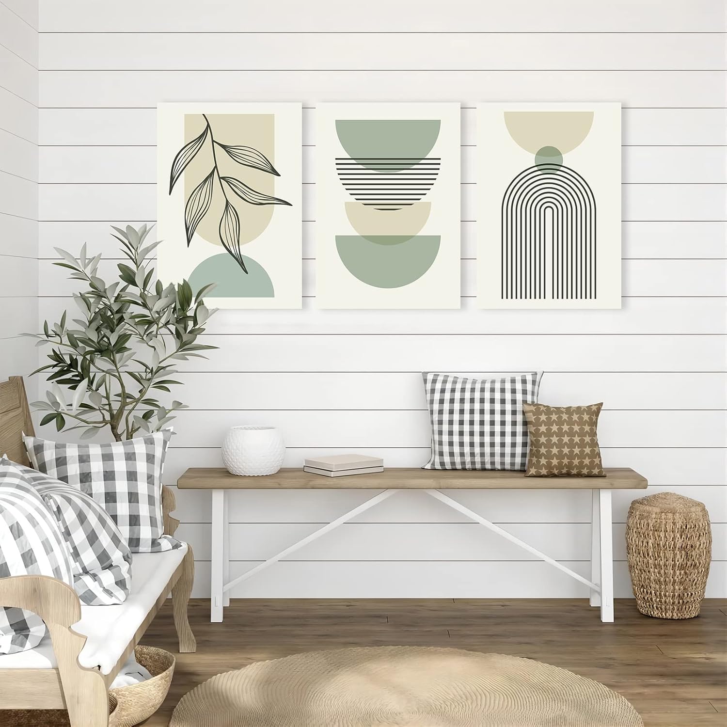 Juego de 3 arte de pared bohemio verde salvia, arte minimalista enmarcado para pared, arte de pared con líneas geométricas de hoja, lienzo beige y